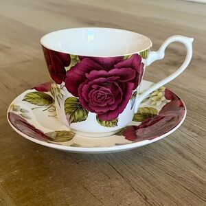 Vintage Victoria's Secret Fine China Teacup + Saucer English Roses Marroon